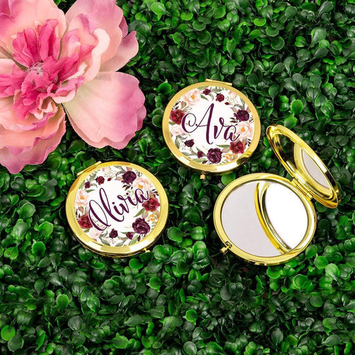 Andaz Press Personalized Marsala Burgundy Maroon Flowers on White Monogram Gold Compact Mirror-Set of 1-Andaz Press-Custom Name-