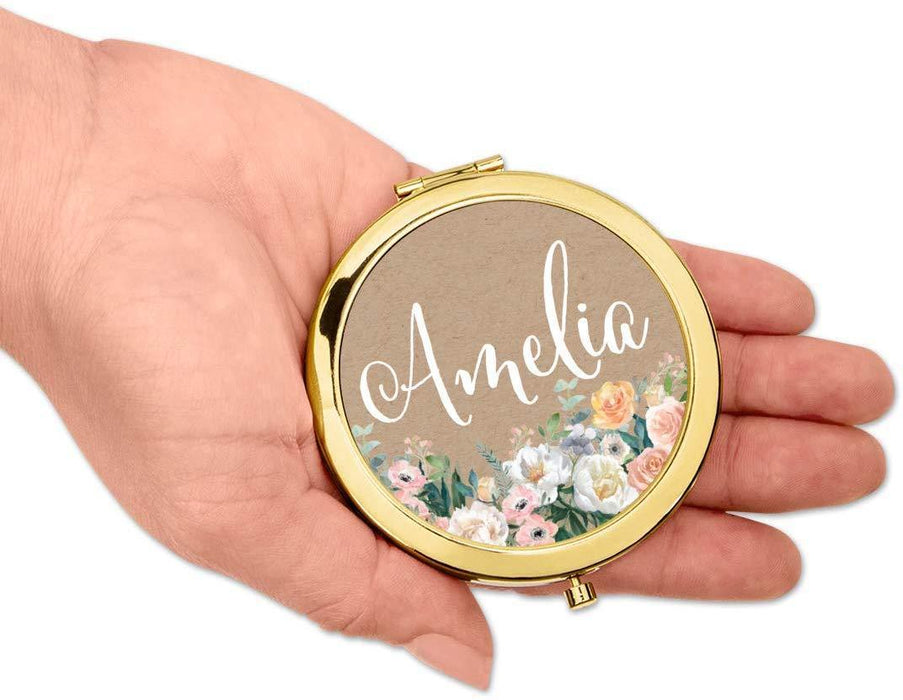 Andaz Press Personalized Peach Flower Florals on Kraft Brown Monogram Gold Compact Mirror-Set of 1-Andaz Press-Custom Name-