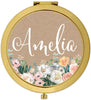 Andaz Press Personalized Peach Flower Florals on Kraft Brown Monogram Gold Compact Mirror-Set of 1-Andaz Press-Custom Name-