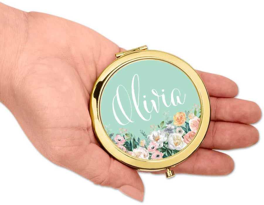 Andaz Press Personalized Peach Flower Florals on Mint Green Monogram Gold Compact Mirror-Set of 1-Andaz Press-Custom Name-