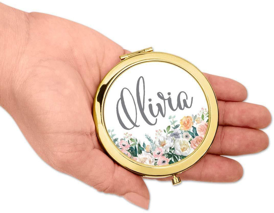 Andaz Press Personalized Peach Flower Florals on White Monogram Gold Compact Mirror-Set of 1-Andaz Press-Custom Name-