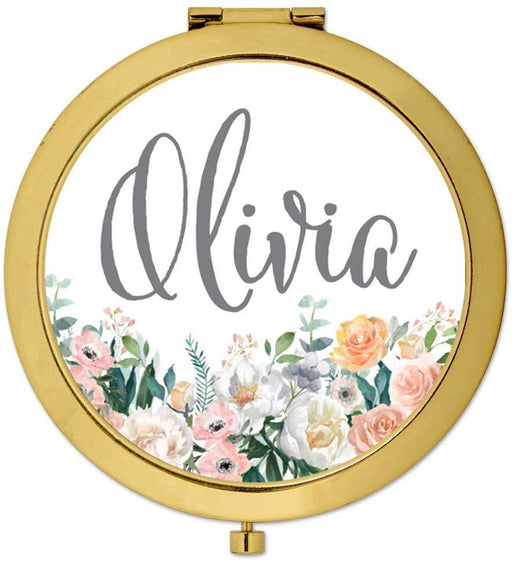 Andaz Press Personalized Peach Flower Florals on White Monogram Gold Compact Mirror-Set of 1-Andaz Press-Custom Name-