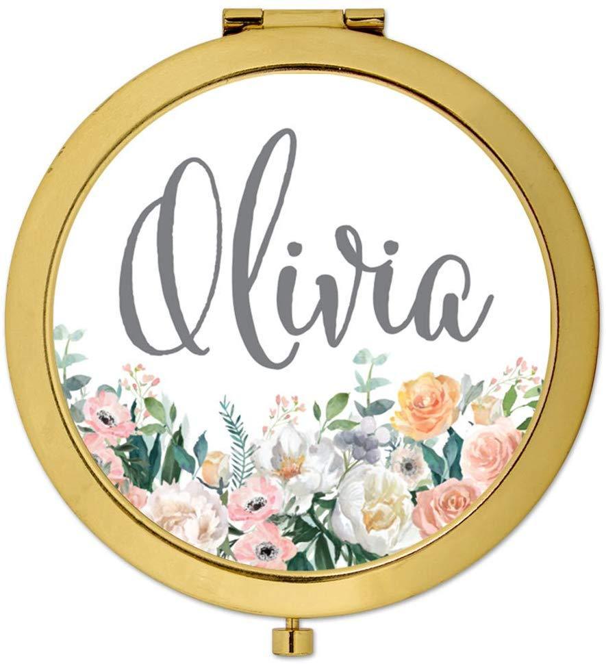 Andaz Press Personalized Peach Flower Florals on White Monogram Gold Compact Mirror-Set of 1-Andaz Press-Custom Name-