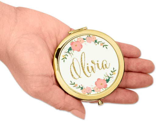 Andaz Press Personalized Peach Pink Florals with Faux Gold Glitter Monogram Gold Compact Mirror-Set of 1-Andaz Press-Custom Name-