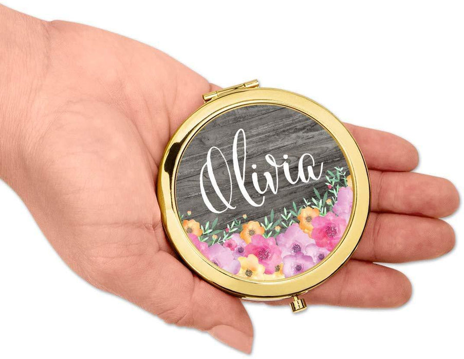 Andaz Press Personalized Pink Floral Flowers on Rustic Gray Wood Monogram Gold Compact Mirror-Set of 1-Andaz Press-Custom Name-