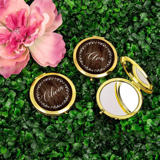 Andaz Press Personalized Rustic Wood with Laurels Monogram Gold Compact Mirror-Set of 1-Andaz Press-Custom Name-