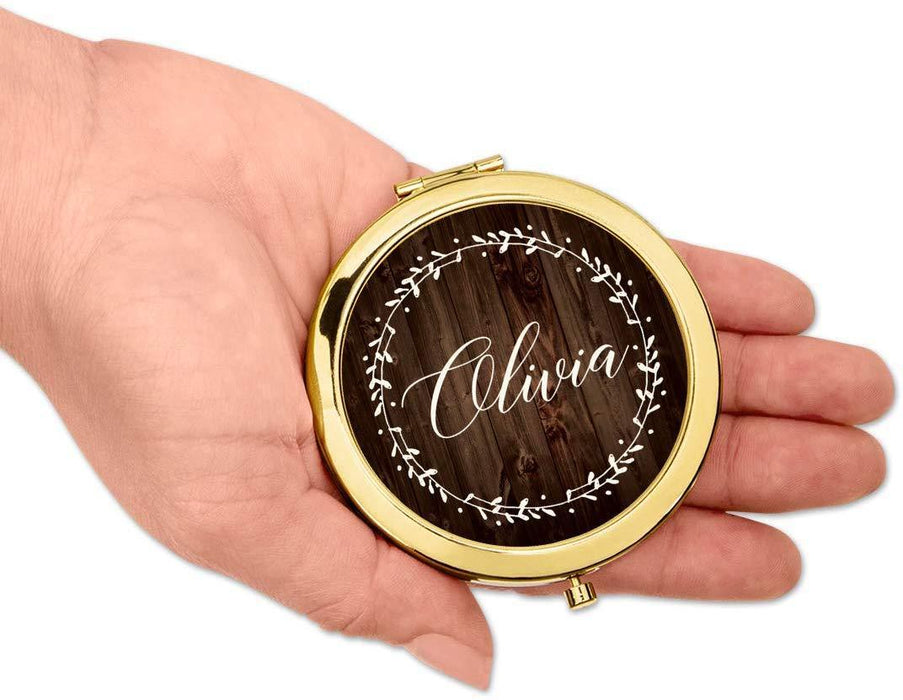 Andaz Press Personalized Rustic Wood with Laurels Monogram Gold Compact Mirror-Set of 1-Andaz Press-Custom Name-