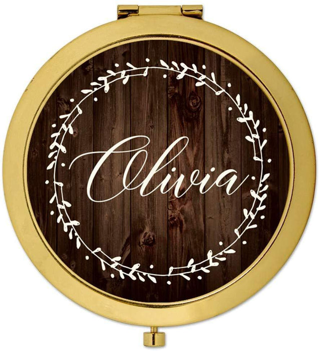 Andaz Press Personalized Rustic Wood with Laurels Monogram Gold Compact Mirror-Set of 1-Andaz Press-Custom Name-