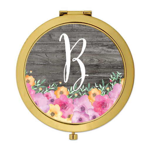 Andaz Press Pink Floral Flowers on Rustic Gray Wood Monogram Gold Compact Mirror-Set of 1-Andaz Press-A-