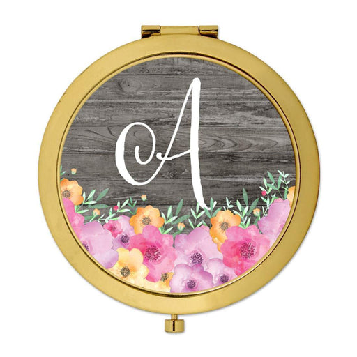 Andaz Press Pink Floral Flowers on Rustic Gray Wood Monogram Gold Compact Mirror-Set of 1-Andaz Press-A-