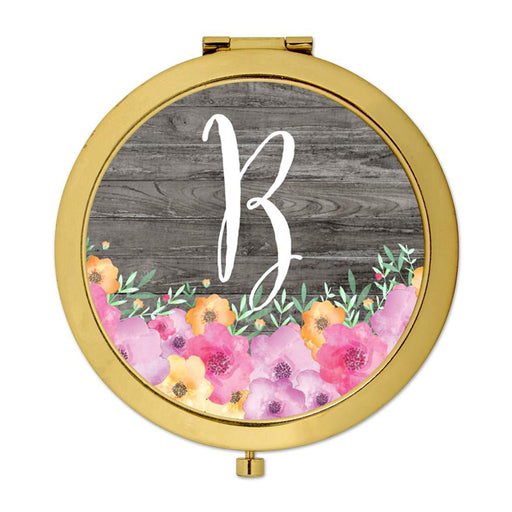Andaz Press Pink Floral Flowers on Rustic Gray Wood Monogram Gold Compact Mirror-Set of 1-Andaz Press-B-