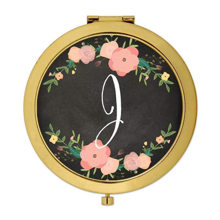 Andaz Press Pink Peach Florals on Chalkboard Monogram Gold Compact Mirror-Set of 1-Andaz Press-A-