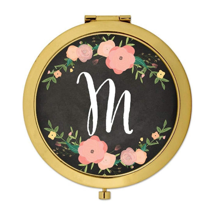 Andaz Press Pink Peach Florals on Chalkboard Monogram Gold Compact Mirror-Set of 1-Andaz Press-A-