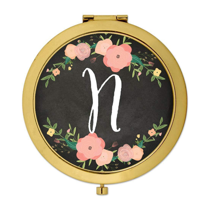 Andaz Press Pink Peach Florals on Chalkboard Monogram Gold Compact Mirror-Set of 1-Andaz Press-A-