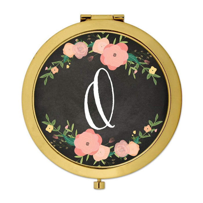 Andaz Press Pink Peach Florals on Chalkboard Monogram Gold Compact Mirror-Set of 1-Andaz Press-A-