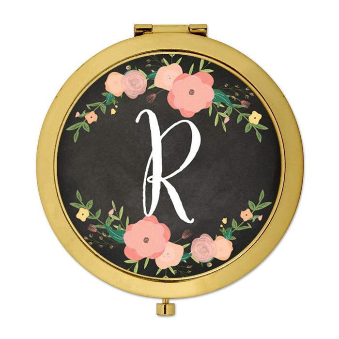 Andaz Press Pink Peach Florals on Chalkboard Monogram Gold Compact Mirror-Set of 1-Andaz Press-A-