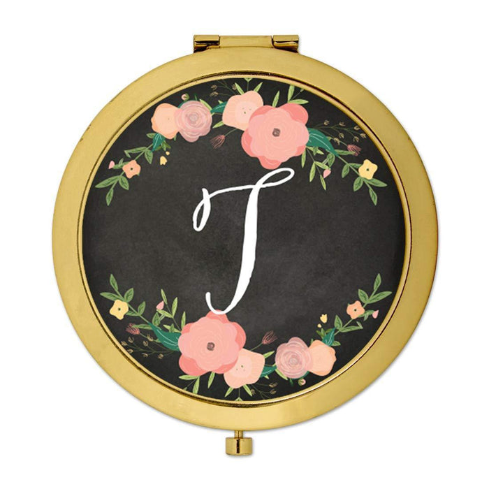 Andaz Press Pink Peach Florals on Chalkboard Monogram Gold Compact Mirror-Set of 1-Andaz Press-A-