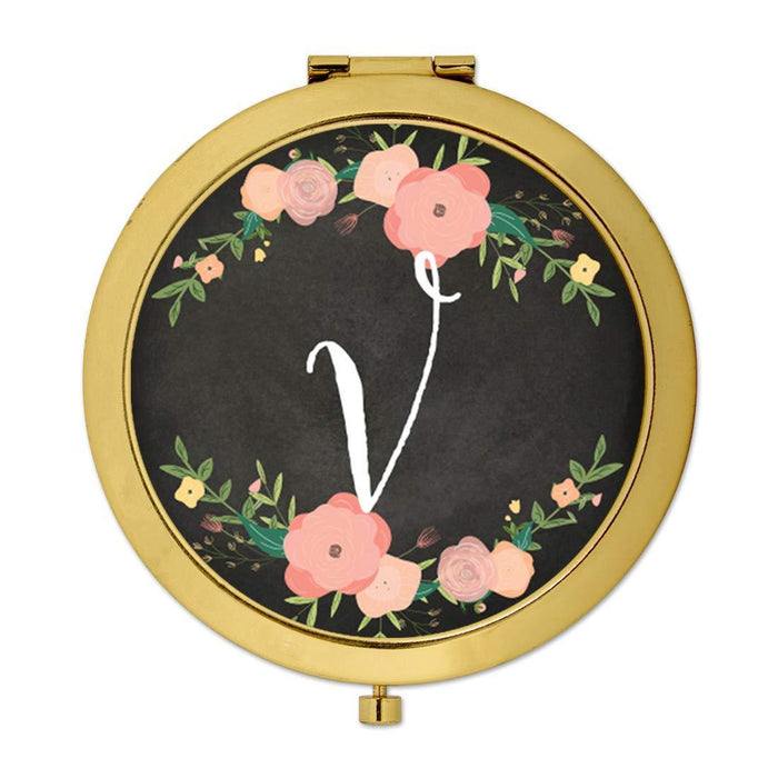 Andaz Press Pink Peach Florals on Chalkboard Monogram Gold Compact Mirror-Set of 1-Andaz Press-A-