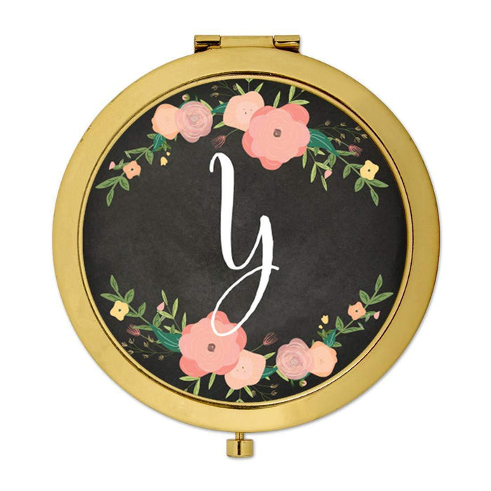 Andaz Press Pink Peach Florals on Chalkboard Monogram Gold Compact Mirror-Set of 1-Andaz Press-A-