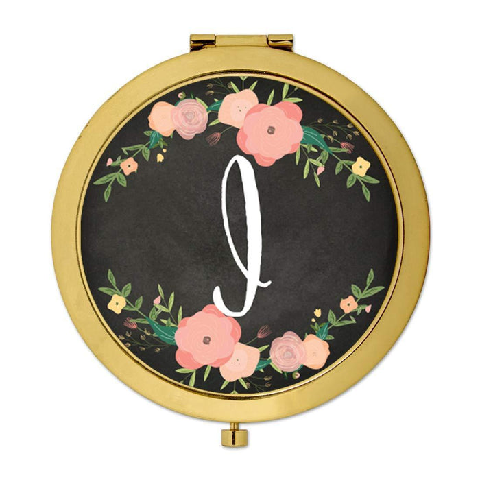 Andaz Press Pink Peach Florals on Chalkboard Monogram Gold Compact Mirror-Set of 1-Andaz Press-A-