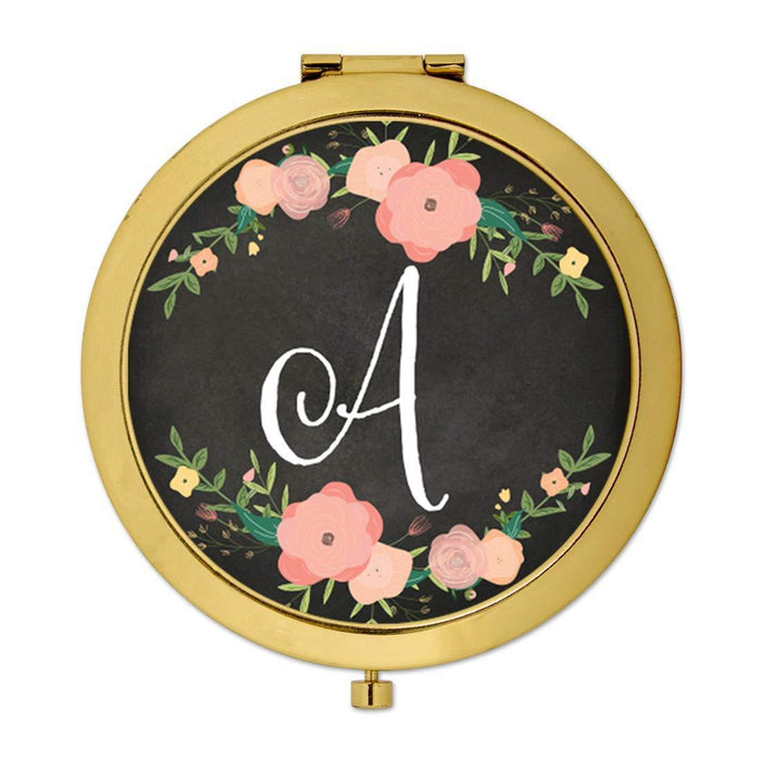 Andaz Press Pink Peach Florals on Chalkboard Monogram Gold Compact Mirror-Set of 1-Andaz Press-A-