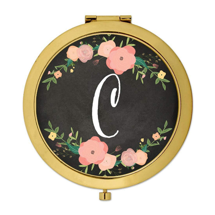 Andaz Press Pink Peach Florals on Chalkboard Monogram Gold Compact Mirror-Set of 1-Andaz Press-C-