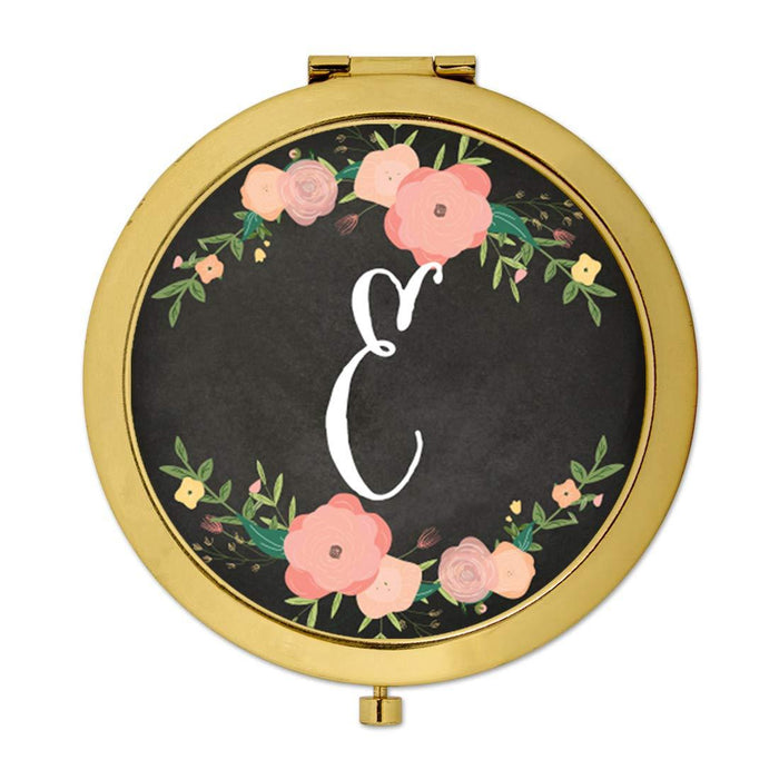 Andaz Press Pink Peach Florals on Chalkboard Monogram Gold Compact Mirror-Set of 1-Andaz Press-E-