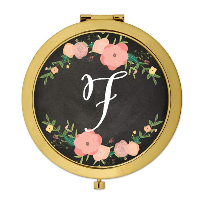 Andaz Press Pink Peach Florals on Chalkboard Monogram Gold Compact Mirror-Set of 1-Andaz Press-F-