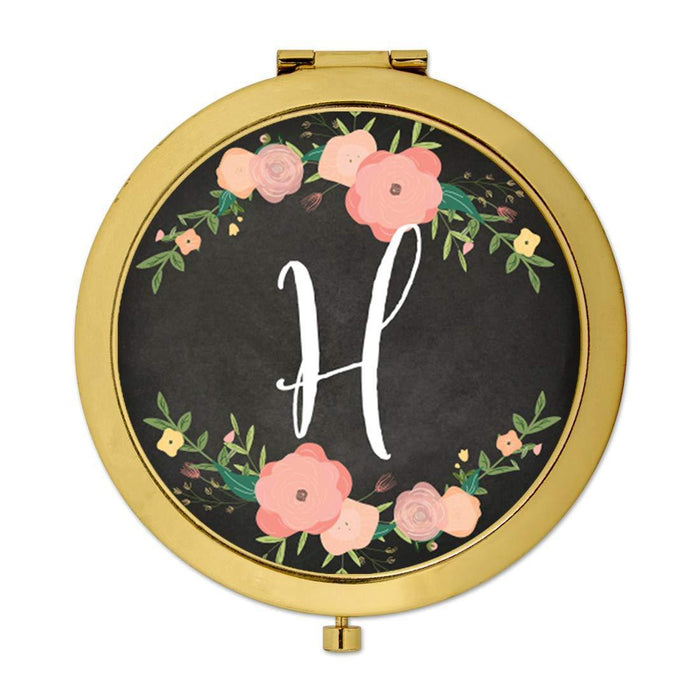 Andaz Press Pink Peach Florals on Chalkboard Monogram Gold Compact Mirror-Set of 1-Andaz Press-H-