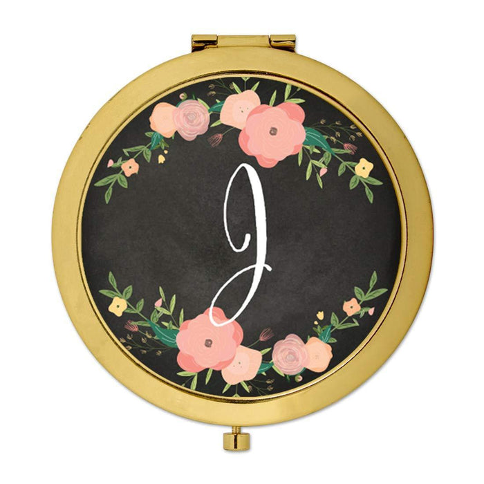 Andaz Press Pink Peach Florals on Chalkboard Monogram Gold Compact Mirror-Set of 1-Andaz Press-J-