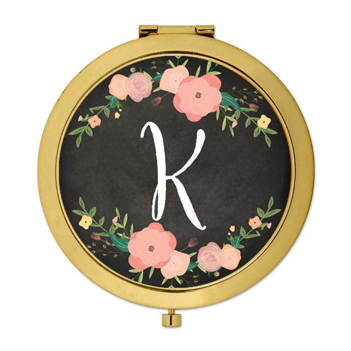 Andaz Press Pink Peach Florals on Chalkboard Monogram Gold Compact Mirror-Set of 1-Andaz Press-K-