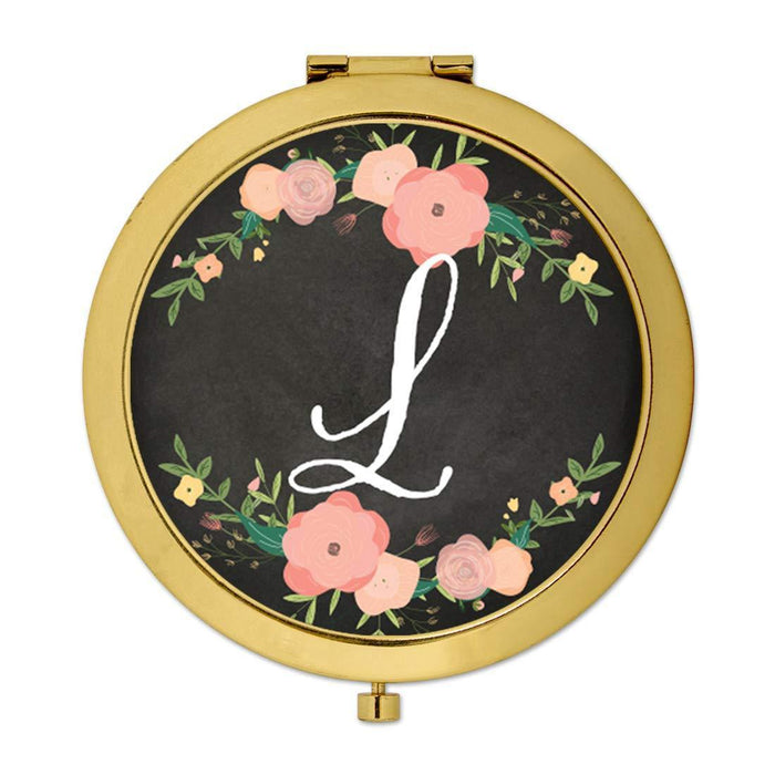 Andaz Press Pink Peach Florals on Chalkboard Monogram Gold Compact Mirror-Set of 1-Andaz Press-L-
