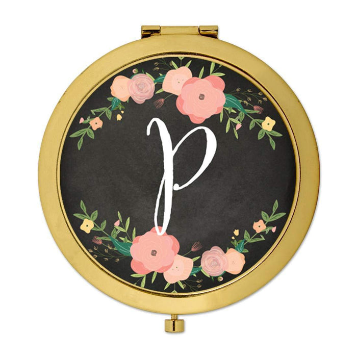 Andaz Press Pink Peach Florals on Chalkboard Monogram Gold Compact Mirror-Set of 1-Andaz Press-P-