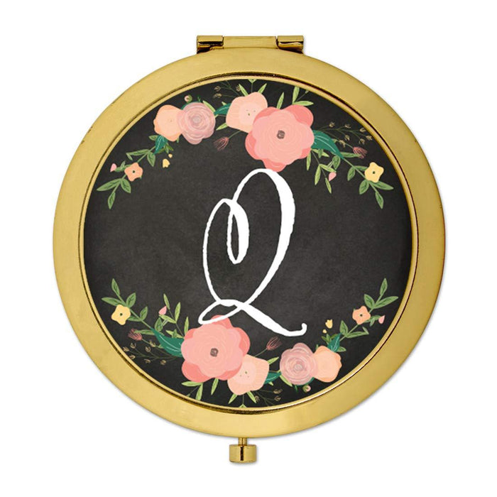 Andaz Press Pink Peach Florals on Chalkboard Monogram Gold Compact Mirror-Set of 1-Andaz Press-Q-