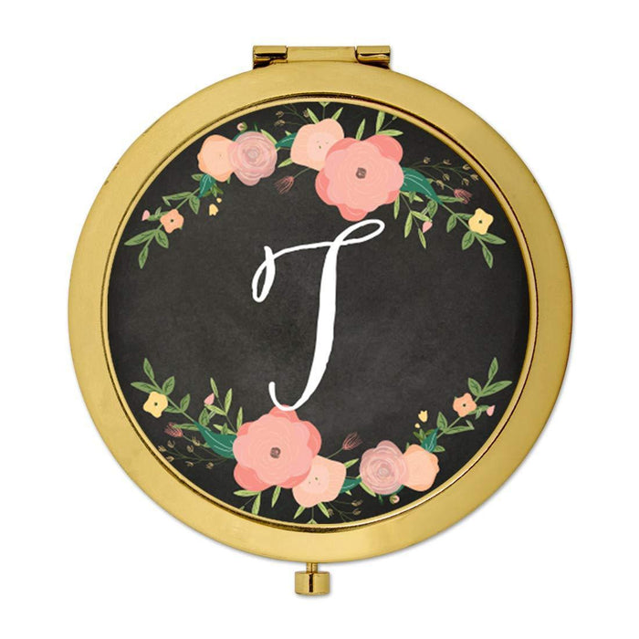 Andaz Press Pink Peach Florals on Chalkboard Monogram Gold Compact Mirror-Set of 1-Andaz Press-T-