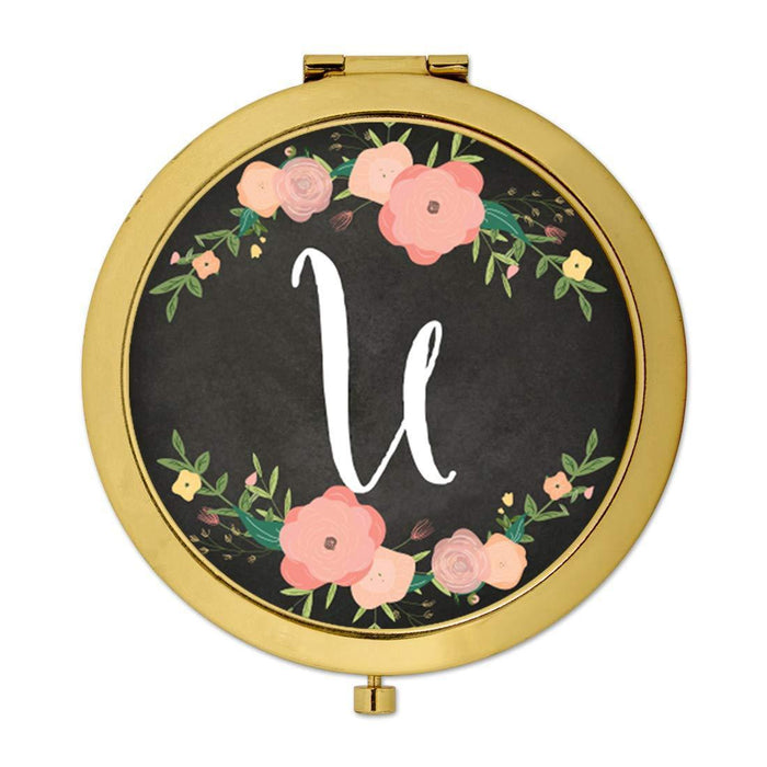 Andaz Press Pink Peach Florals on Chalkboard Monogram Gold Compact Mirror-Set of 1-Andaz Press-U-