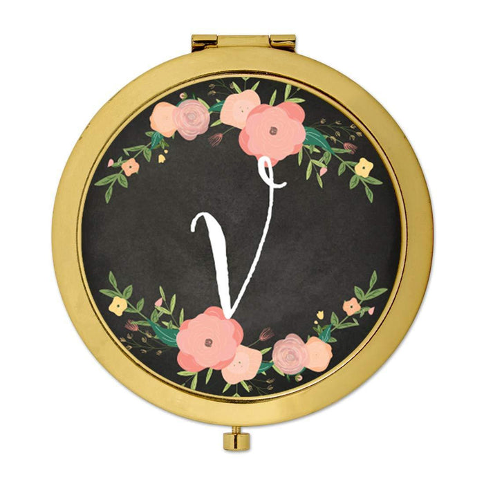 Andaz Press Pink Peach Florals on Chalkboard Monogram Gold Compact Mirror-Set of 1-Andaz Press-V-