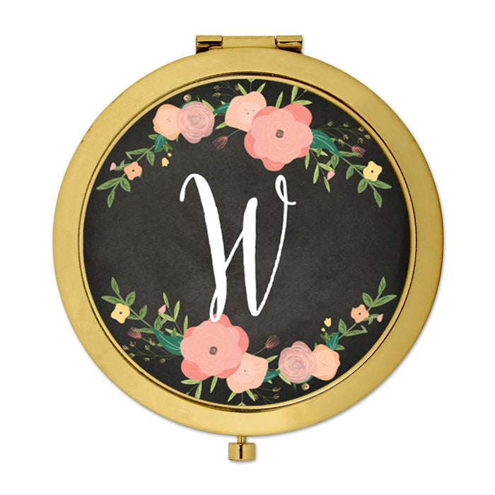 Andaz Press Pink Peach Florals on Chalkboard Monogram Gold Compact Mirror-Set of 1-Andaz Press-W-