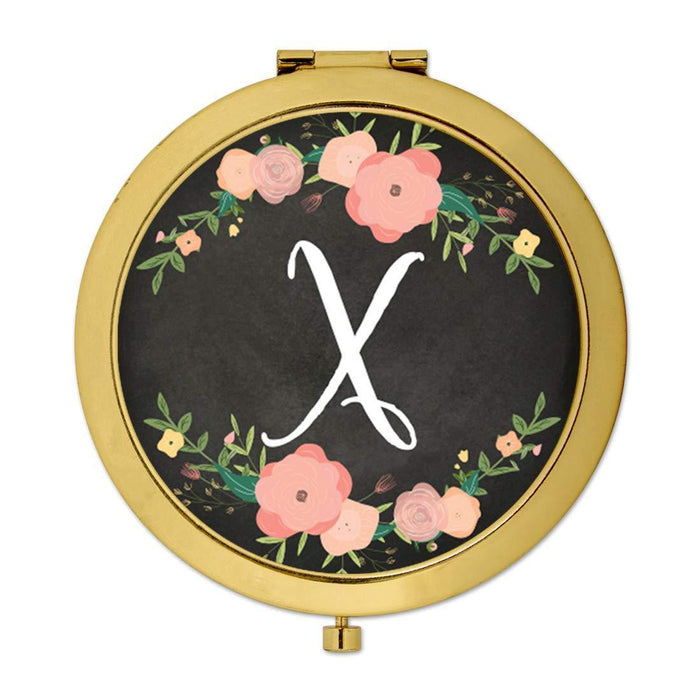 Andaz Press Pink Peach Florals on Chalkboard Monogram Gold Compact Mirror-Set of 1-Andaz Press-X-