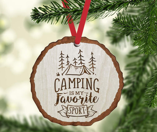 Andaz Press Real Wood Rustic Christmas Ornament, Engraved Wood Slab, Camping is My Favorite Sport-Set of 1-Andaz Press-Camping is My Favorite Sport-
