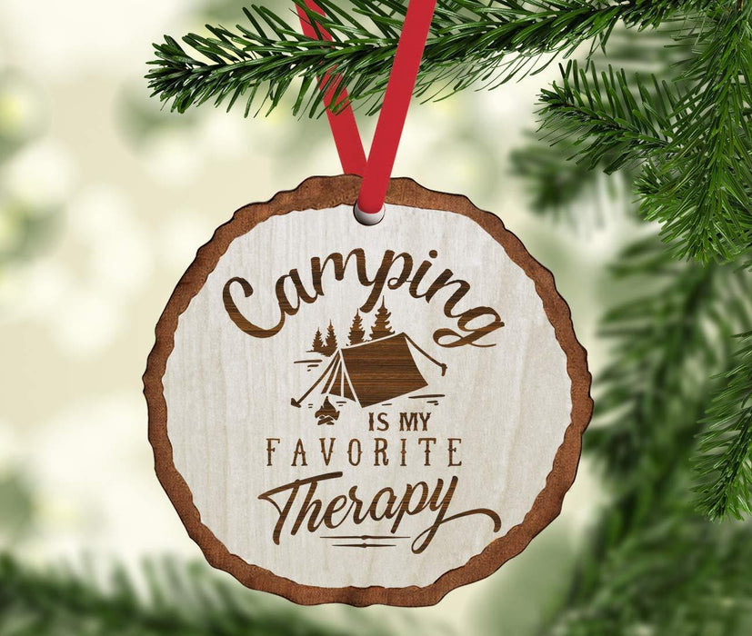 Andaz Press Real Wood Rustic Christmas Ornament, Engraved Wood Slab, Camping is My Favorite Therapy-Set of 1-Andaz Press-Camping is My Favorite Therapy-