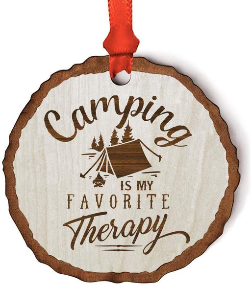 Andaz Press Real Wood Rustic Christmas Ornament, Engraved Wood Slab, Camping is My Favorite Therapy-Set of 1-Andaz Press-Camping is My Favorite Therapy-