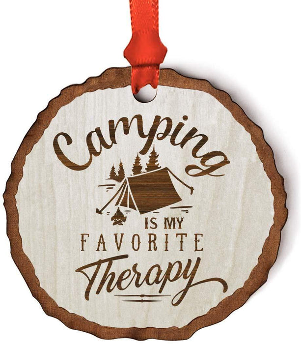Andaz Press Real Wood Rustic Christmas Ornament, Engraved Wood Slab, Camping is My Favorite Therapy-Set of 1-Andaz Press-Camping is My Favorite Therapy-