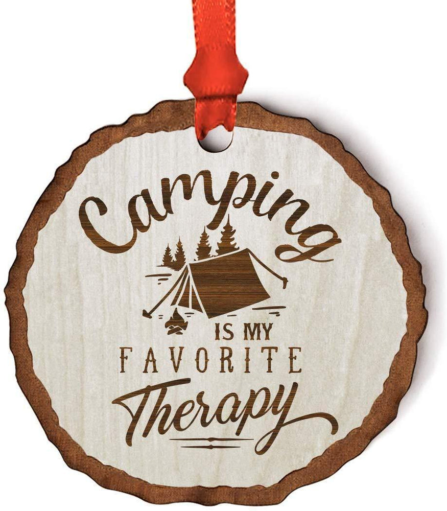 Andaz Press Real Wood Rustic Christmas Ornament, Engraved Wood Slab, Camping is My Favorite Therapy-Set of 1-Andaz Press-Camping is My Favorite Therapy-