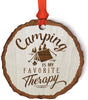Andaz Press Real Wood Rustic Christmas Ornament, Engraved Wood Slab, Camping is My Favorite Therapy-Set of 1-Andaz Press-Camping is My Favorite Therapy-