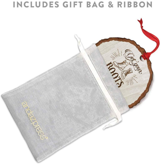 Andaz Press Real Wood Rustic Christmas Ornament, Engraved Wood Slab, Get Your Boots We're Going in The Mountains-Set of 1-Andaz Press-Get Your Boots We're Going in The Mountains-