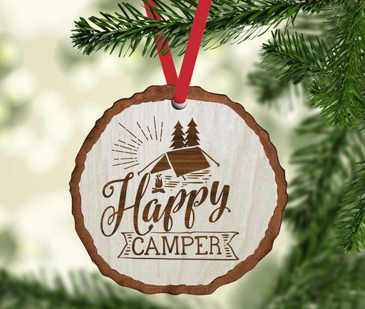 Andaz Press Real Wood Rustic Christmas Ornament, Engraved Wood Slab, Happy Camper-Set of 1-Andaz Press-Happy Camper-