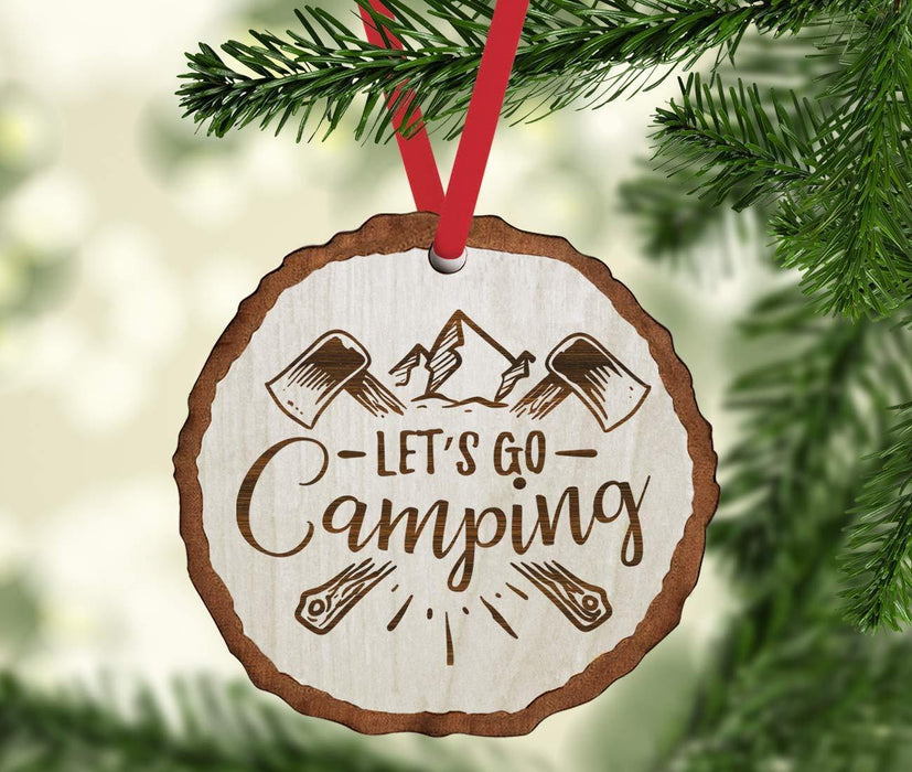 Andaz Press Real Wood Rustic Christmas Ornament, Engraved Wood Slab, Let's go Camping-Set of 1-Andaz Press-Let's go Camping-