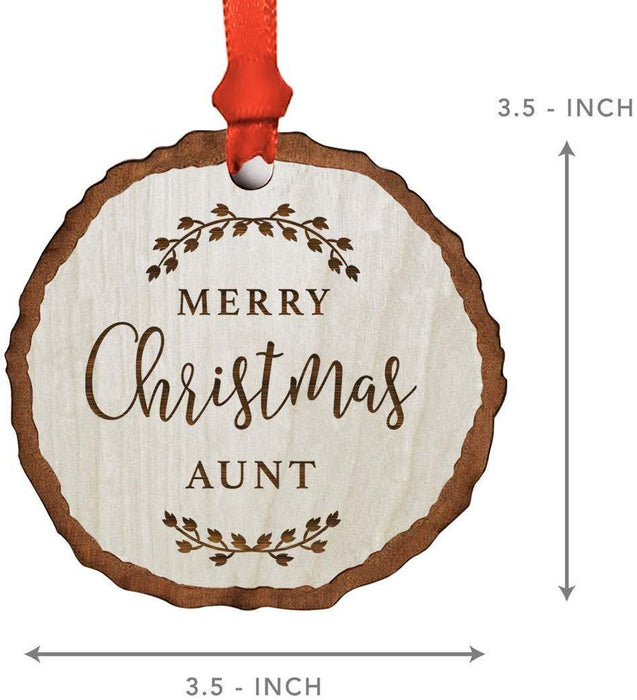 Andaz Press Real Wood Rustic Christmas Ornament, Engraved Wood Slab, Merry Christmas Aunt, Rustic Laurel Leaves-Set of 1-Andaz Press-Merry Christmas Aunt Rustic Laurel Leaves-