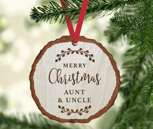 Andaz Press Real Wood Rustic Christmas Ornament, Engraved Wood Slab, Merry Christmas Aunt & Uncle, Rustic Laurel Leaves-Set of 1-Andaz Press-Merry Christmas Aunt & Uncle Rustic Laurel Leaves-